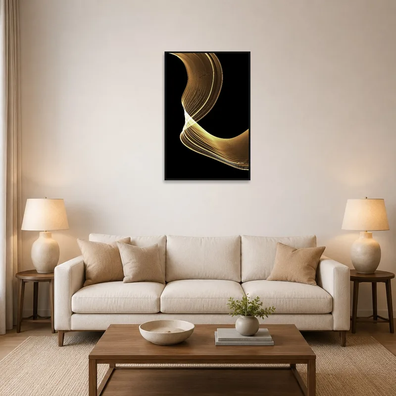 Elegant gold wave abstract art on a black background in a cozy living room setting.
