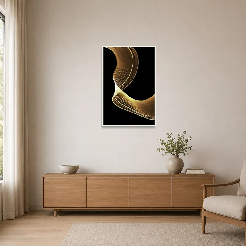 Elegant gold wave abstract art on black accentuating a minimalist room.