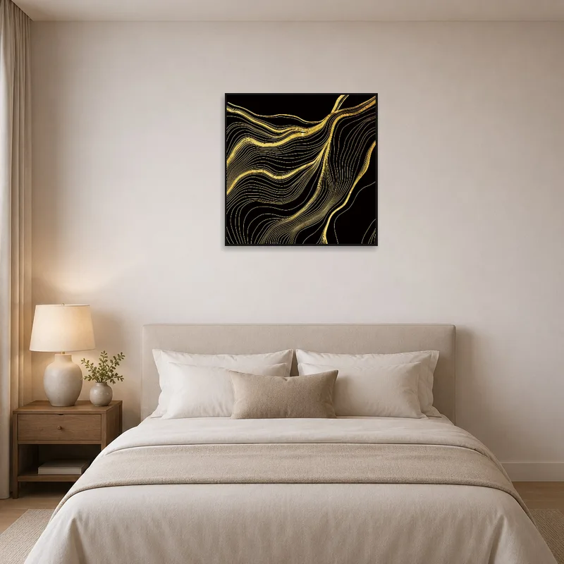 Gold-on-black wave pattern adding elegance to a bedroom atmosphere.