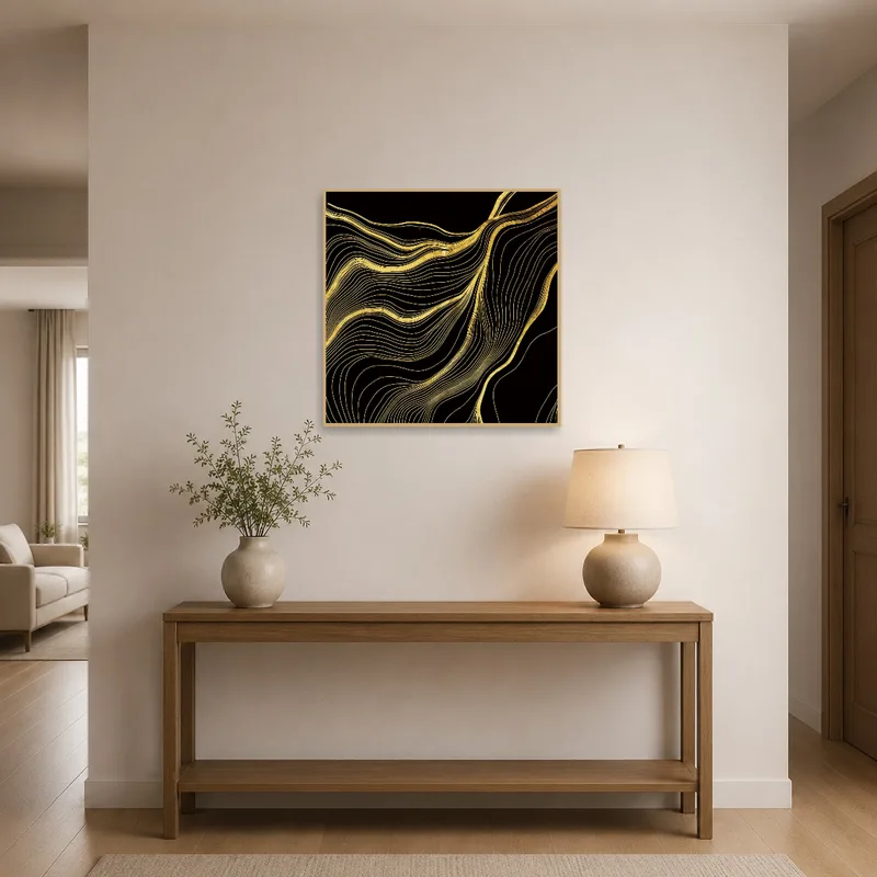 Gold wave-patterned piece greeting guests in an entrance hall.