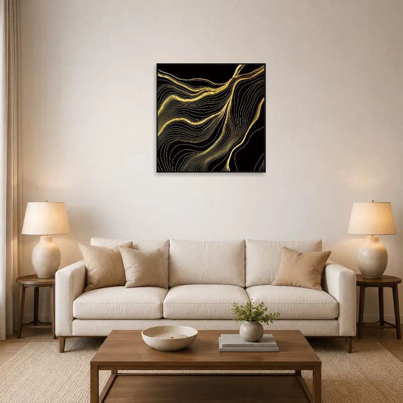 Artwork with gold wave lines on black in a stylish living room setting.