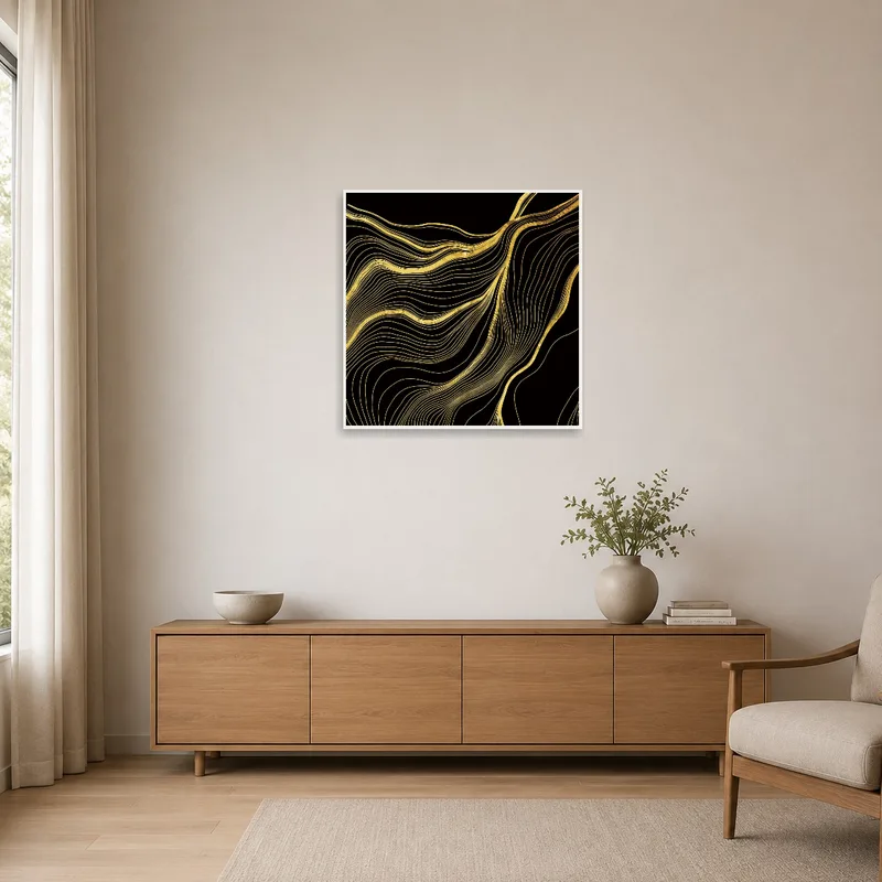 Sleek gold wave lines on black against a minimalist backdrop.