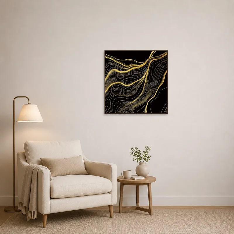 Sophisticated gold wave lines on black enhancing a reading corner.