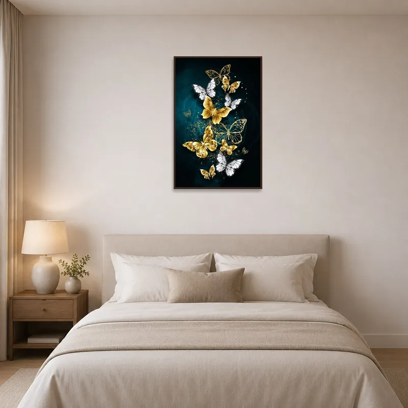 Elegant butterfly artwork adding charm to a serene bedroom setting.
