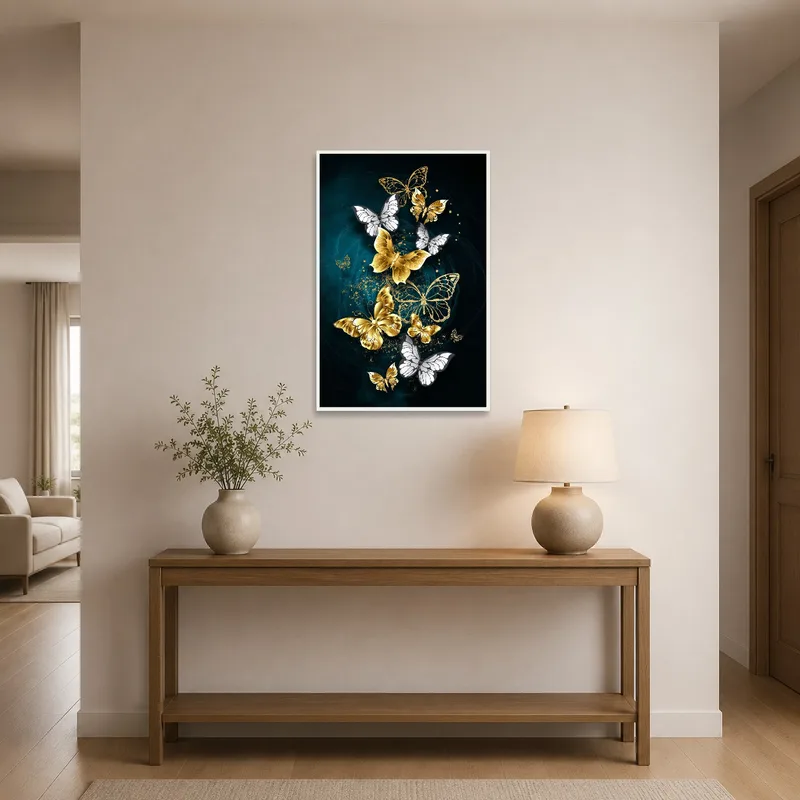 Butterfly artwork greeting guests in an entrance hall with warm lighting.