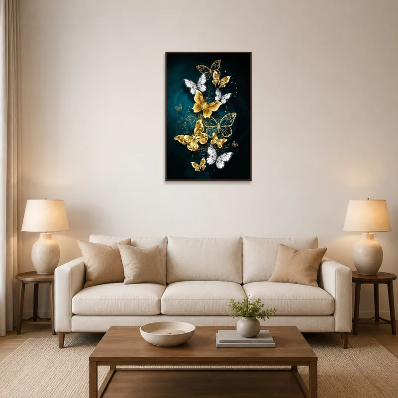 Elegant golden and white butterfly art on living room wall with cozy seating.
