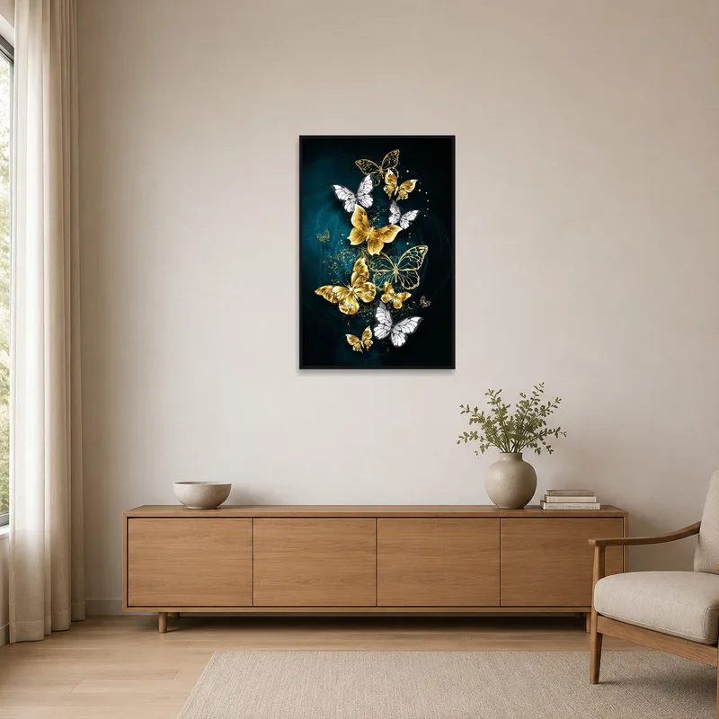 Golden and white butterfly piece enhancing a minimalist room's simplicity.