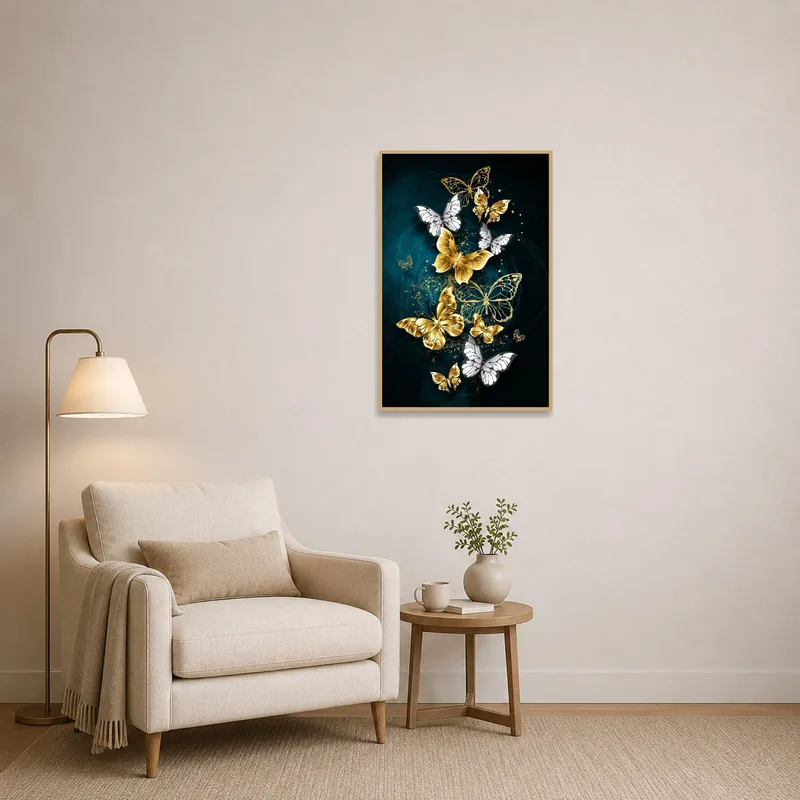 Golden and white butterfly design complementing a tranquil reading corner.