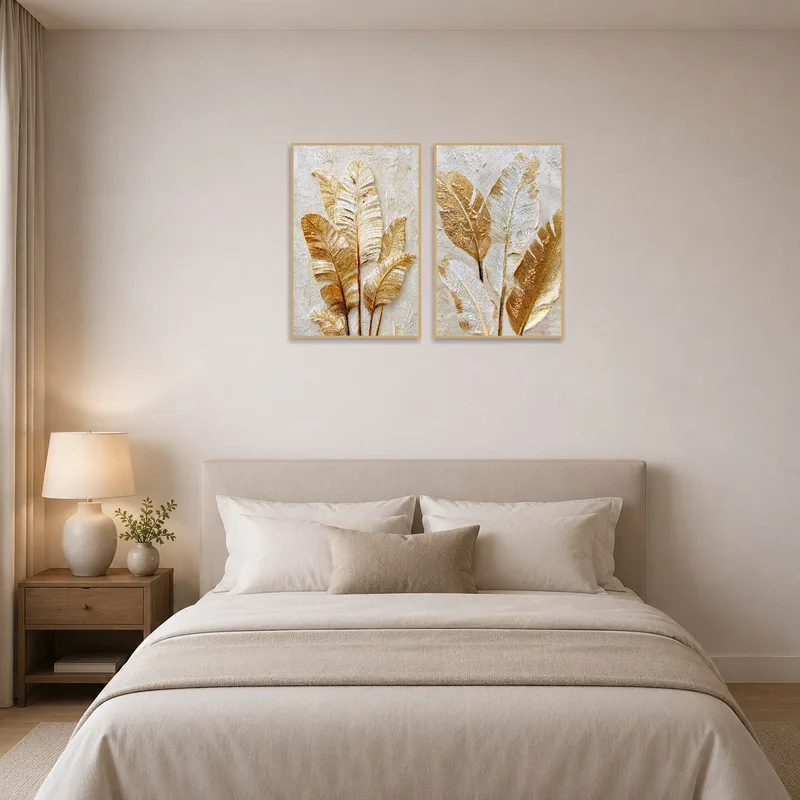 Stylish banana leaves artwork adding warmth to a serene bedroom.