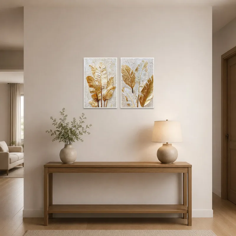 Banana leaves artwork greeting guests in a stylish entrance hall.