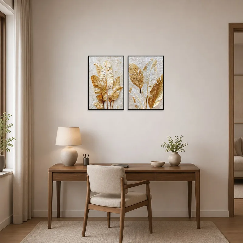 Golden banana leaves art inspiring creativity in a chic home office.