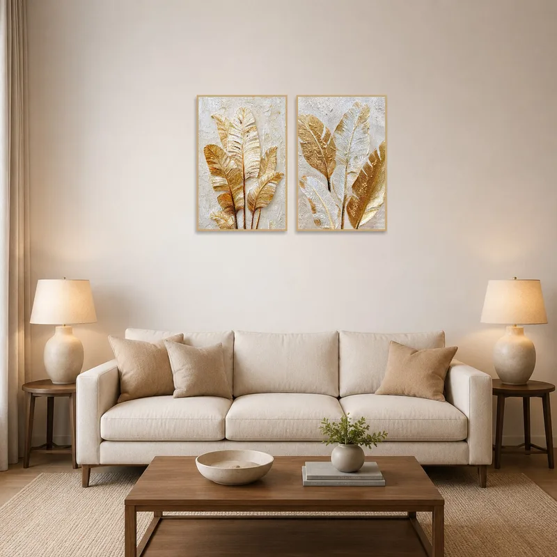 Elegant golden banana leaves art on display in a modern living room setting.