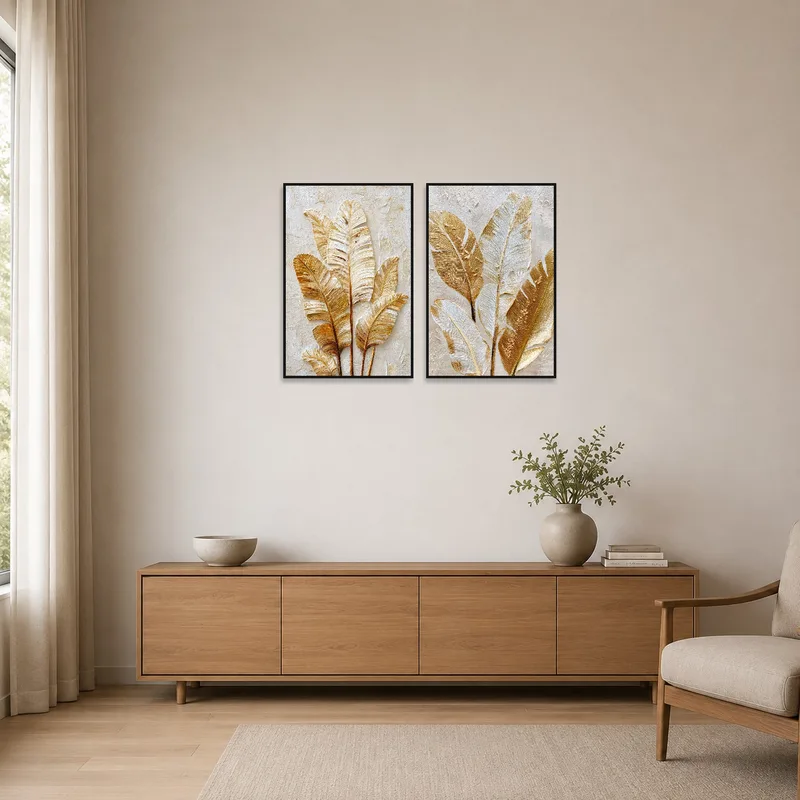 Golden banana leaves art enhancing a minimalist room with subtle elegance.