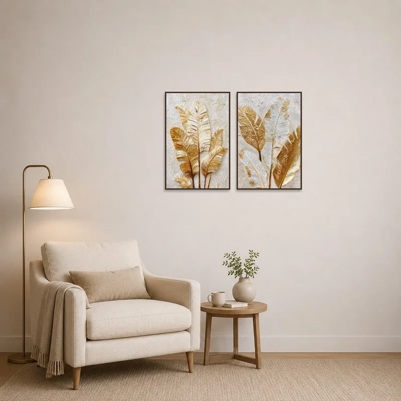 Textured golden leaves artwork adorning a cozy reading corner.