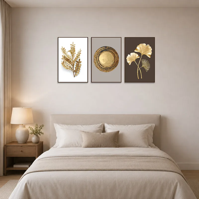 Elegant botanical set adding warmth and luxury to a sophisticated bedroom.