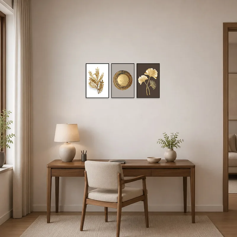 Botanical triptych adorning a home office, complementing a professional workspace.