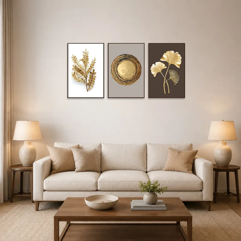 Elegant botanical triptych set hanging in a chic living room with modern furniture.