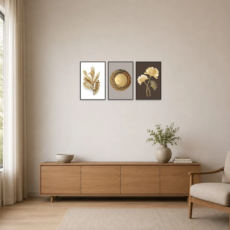 Golden botanical triptych enhancing a minimalist room with clean lines and neutral tones.