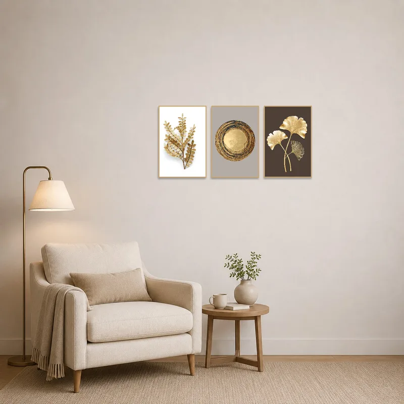 Golden botanical artwork creating a cozy vibe in a reading corner with a comfy chair.