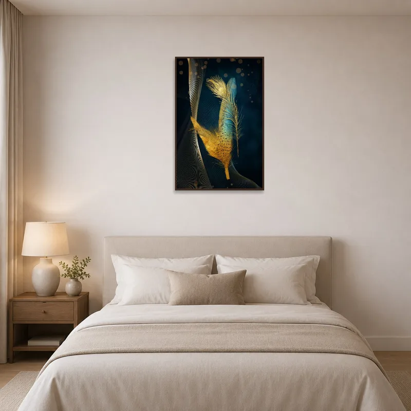 Golden Feather art bringing warmth to a tranquil bedroom setting.