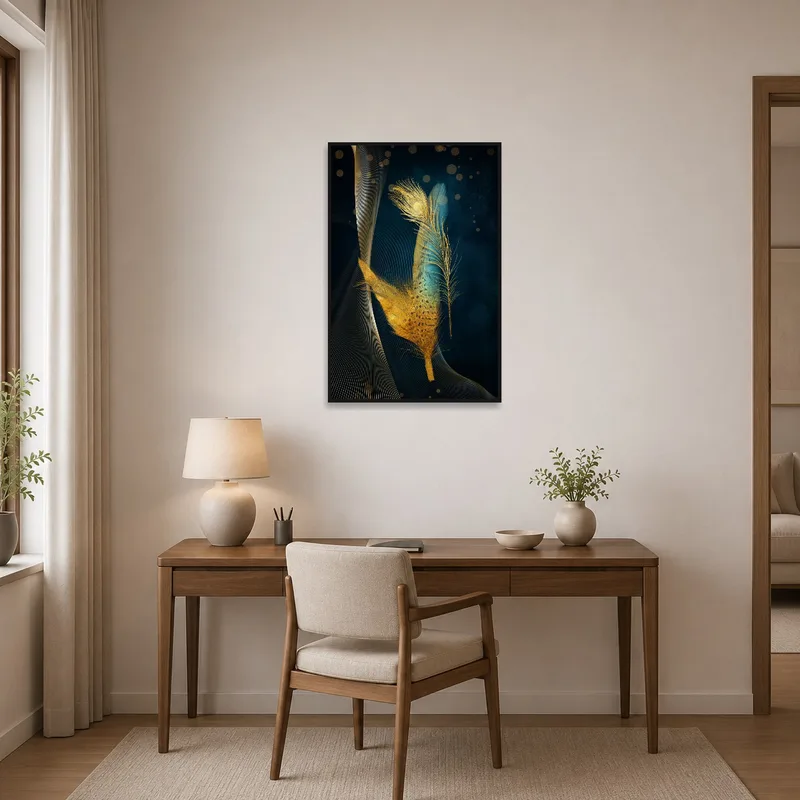 Golden Feather art inspiring creativity in a tidy home office space.