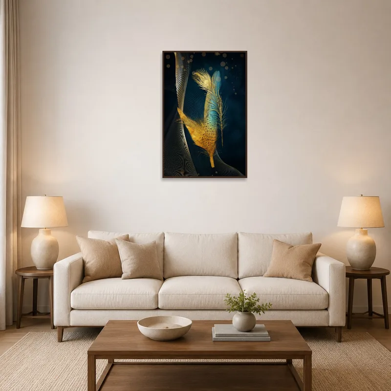 Elegant Golden Feather art hung above a modern sofa in a bright living room.