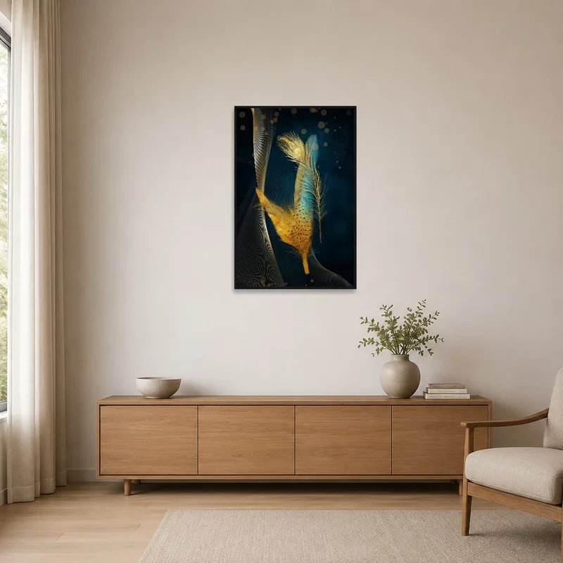 Golden Feather art adding a subtle touch to a minimalist white-walled space.