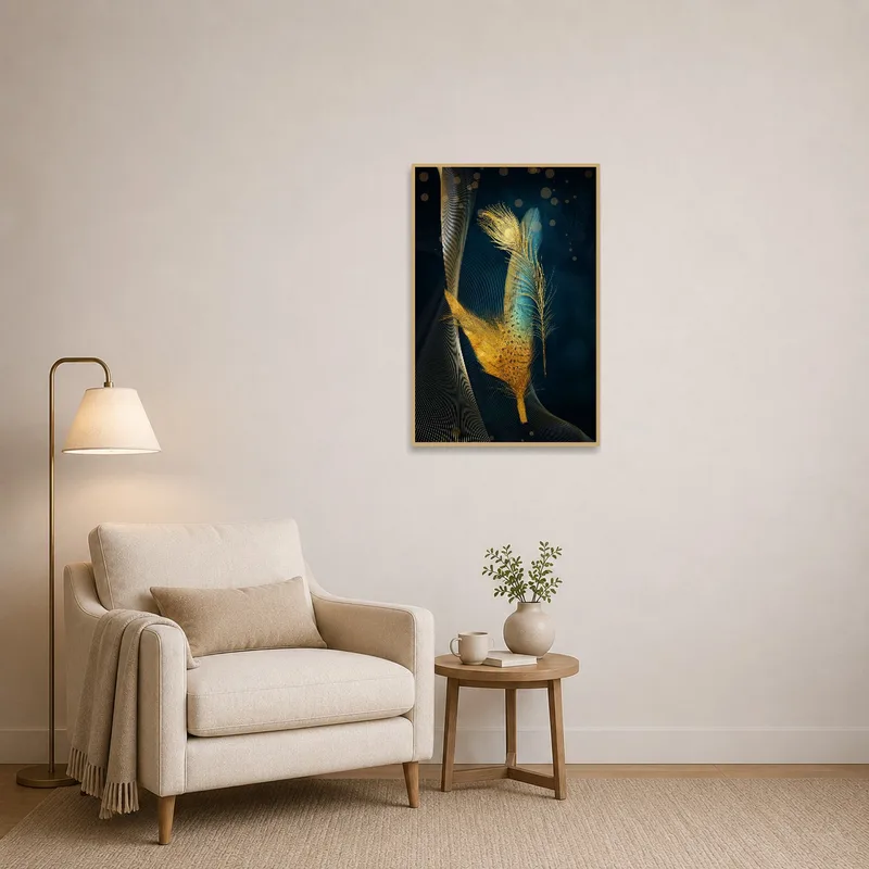 Golden Feather art providing a serene backdrop in a cozy reading corner.