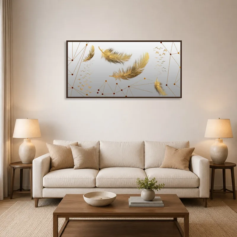 Golden feather artwork with abstract birds above a cozy living room sofa.