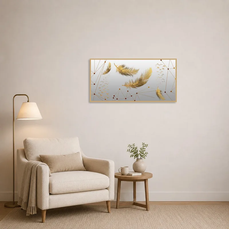 Golden feathers with abstract birds enhance a quiet reading corner.