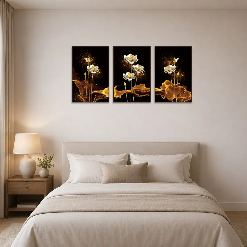 Golden blossoms bring a touch of sophistication to the bedroom wall.