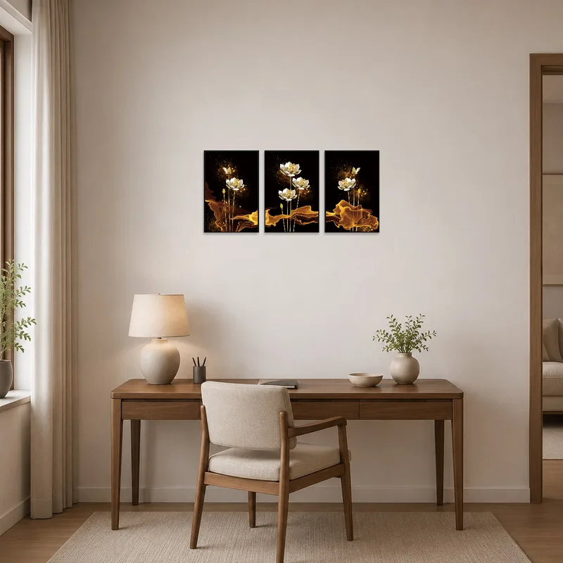 Golden lotus art elevates the ambiance in a productive home office.