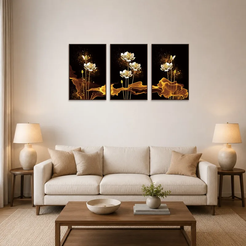 Golden lotus triptych adds elegance above the sofa in a cozy living room.