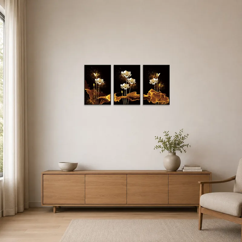 Golden lotus artwork enhances the clean lines of a minimalist space.