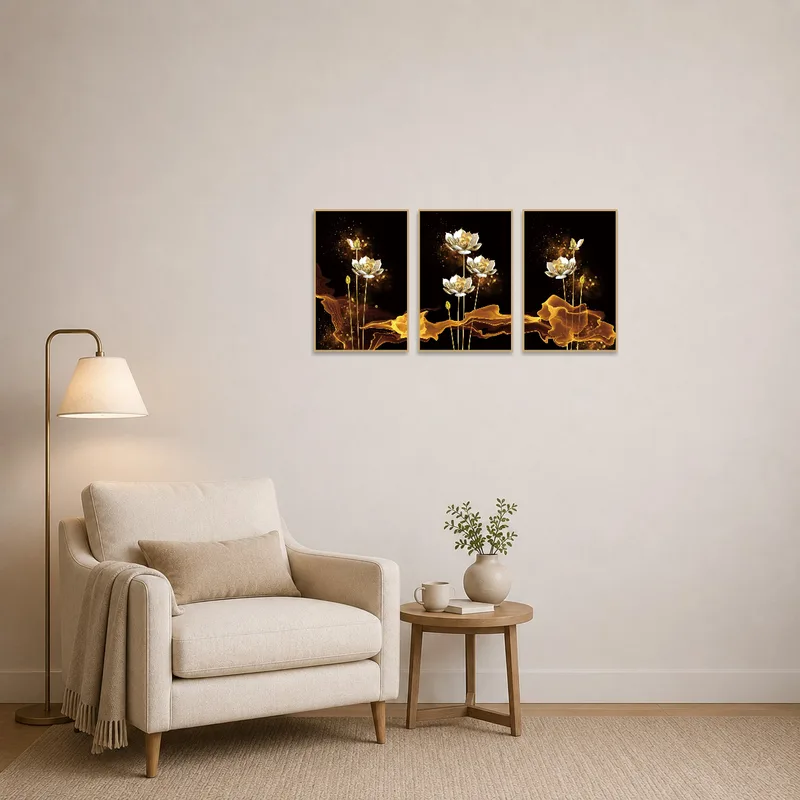 Lotus artwork creates a serene mood in a quiet reading corner.
