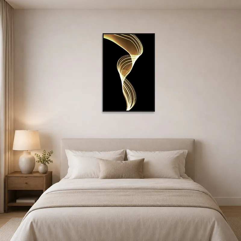 Bedroom showcasing Elegant Golden Swirl on Black Canvas Art above a bed with neutral-toned bedding.