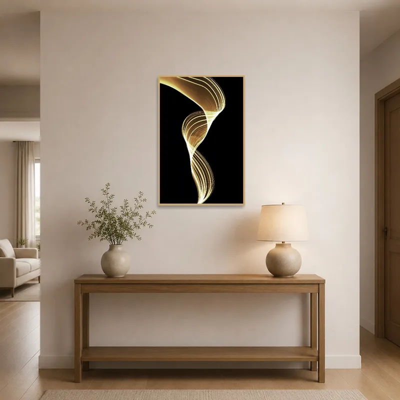 Entrance hall adorned with Elegant Golden Swirl on Black Canvas Art as a focal point above a console table.