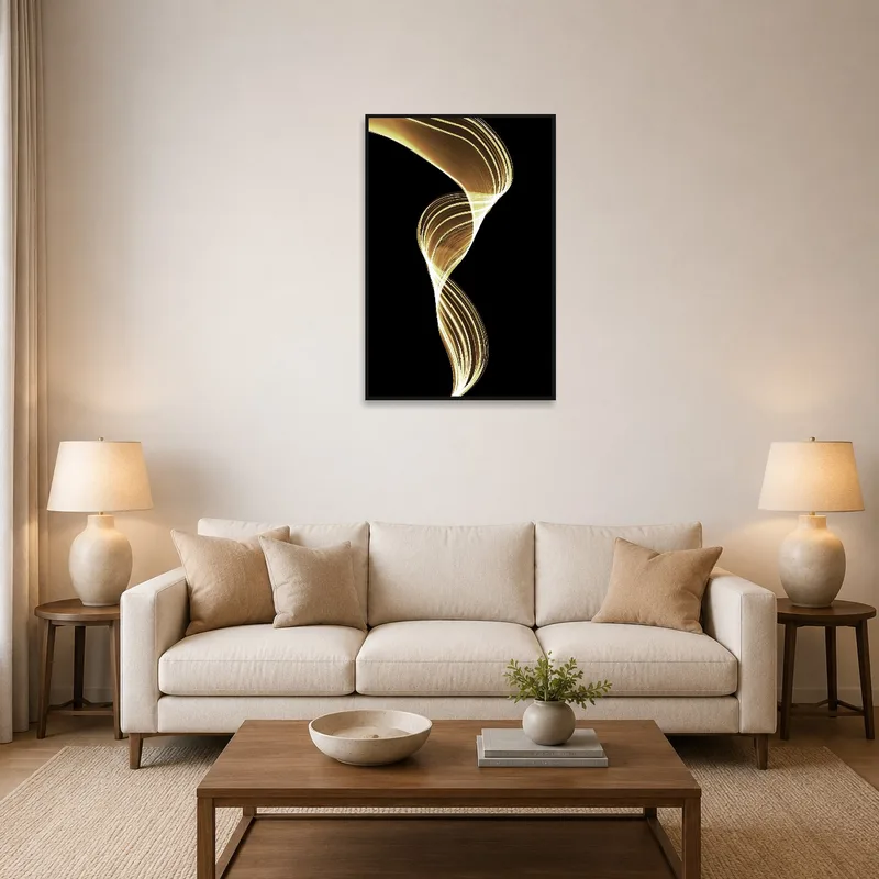 A living room featuring Elegant Golden Swirl on Black Canvas Art above a modern gray sofa.