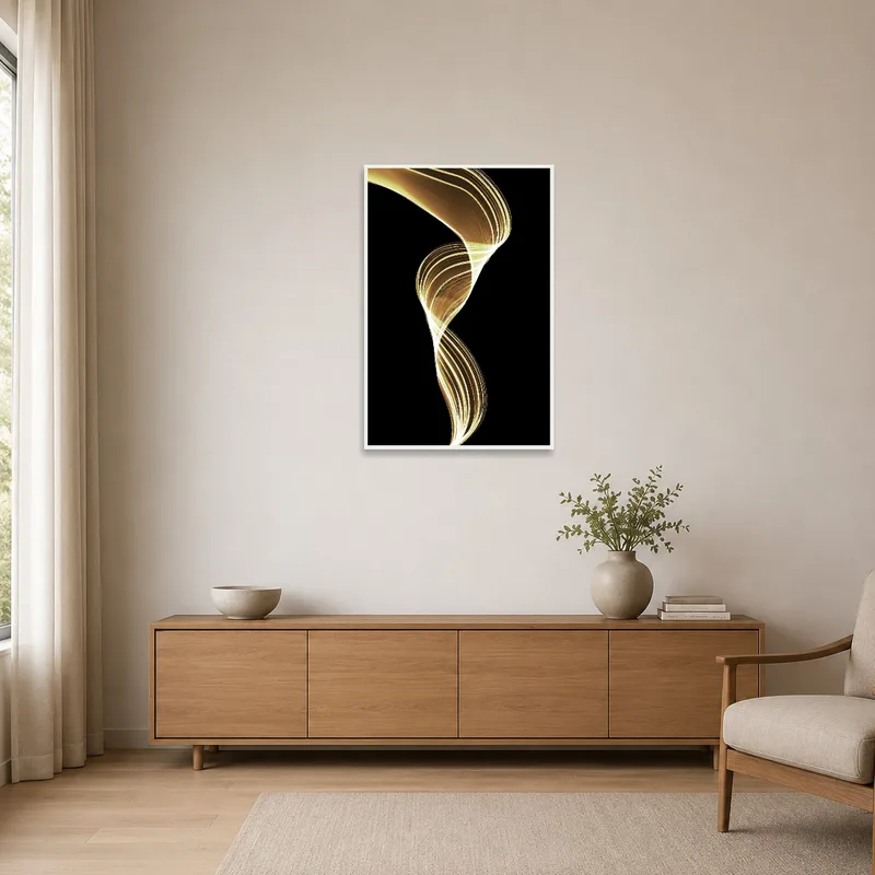 Elegant Golden Swirl on Black Canvas Art in a minimalist room with clean, white walls and simple furniture.