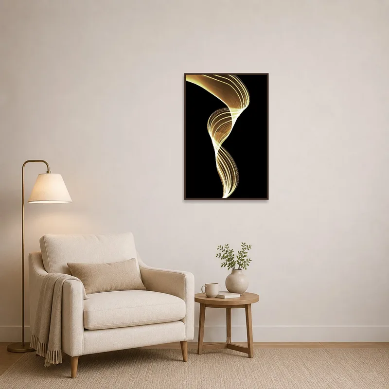 Elegant Golden Swirl on Black Canvas Art displayed in a cozy reading corner with a plush armchair.