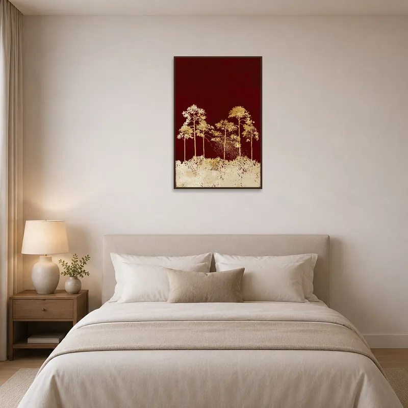 Golden trees on deep red, adding warmth to the bedroom decor.