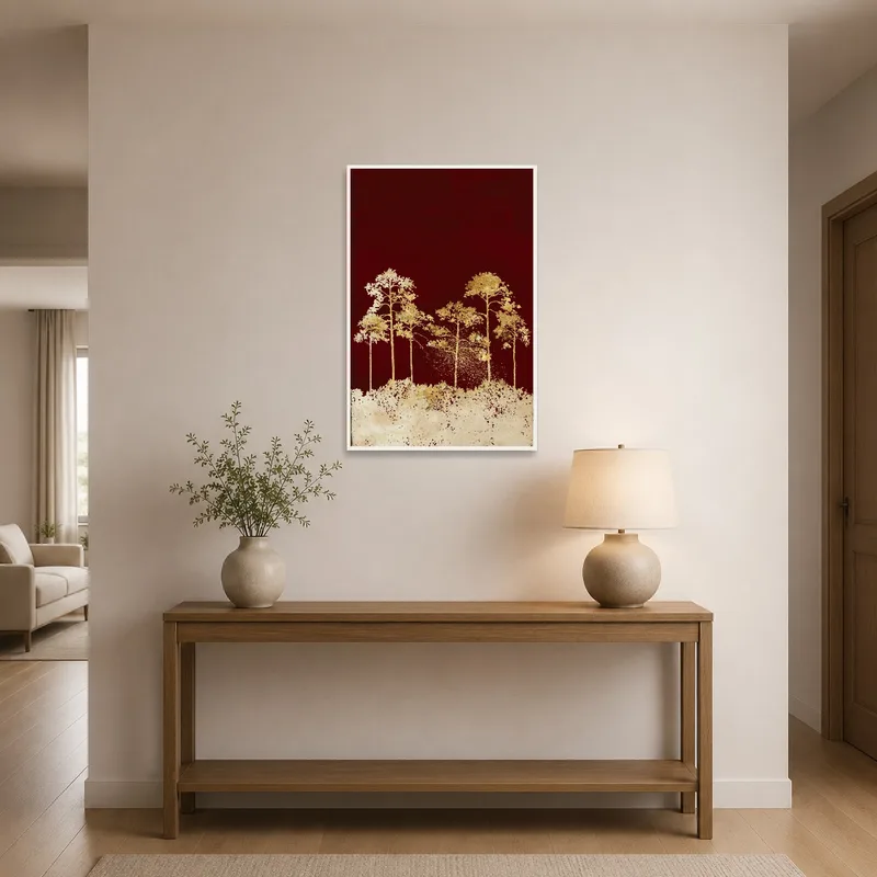 Art of golden trees on red, offering a warm welcome in the entrance hall.