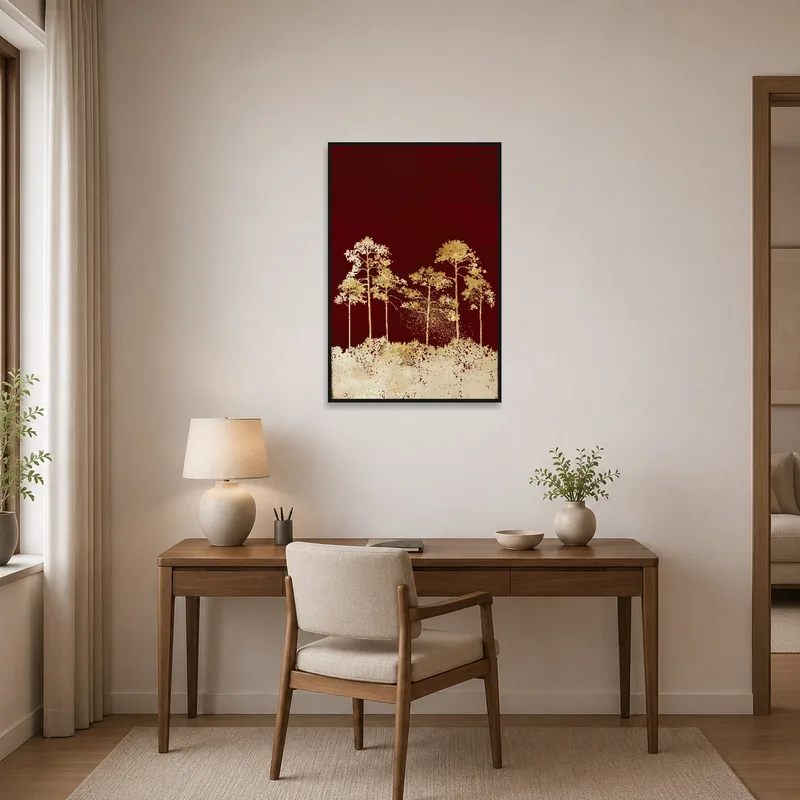 Deep red with golden trees, enhancing the ambiance of a home office.