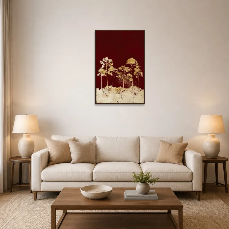 Golden trees art piece on a deep red background in a cozy living room.