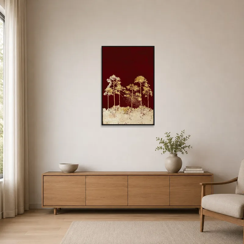 Golden trees on deep red, adding elegance to a minimalist room.