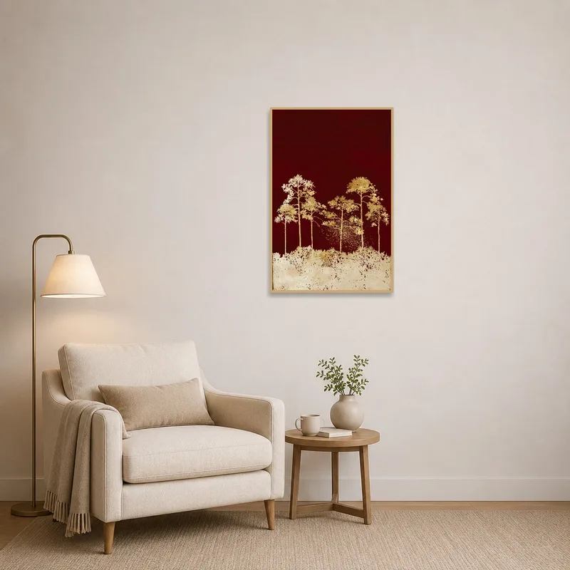 Elegant golden trees on rich red, complementing a tranquil reading corner.