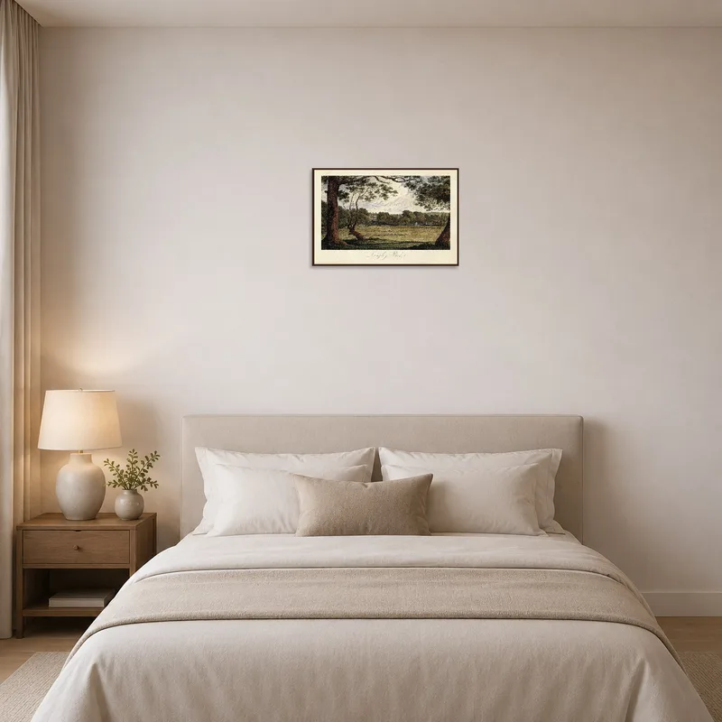 Serene landscape of Langley Park hangs above a bed, creating a calming atmosphere.
