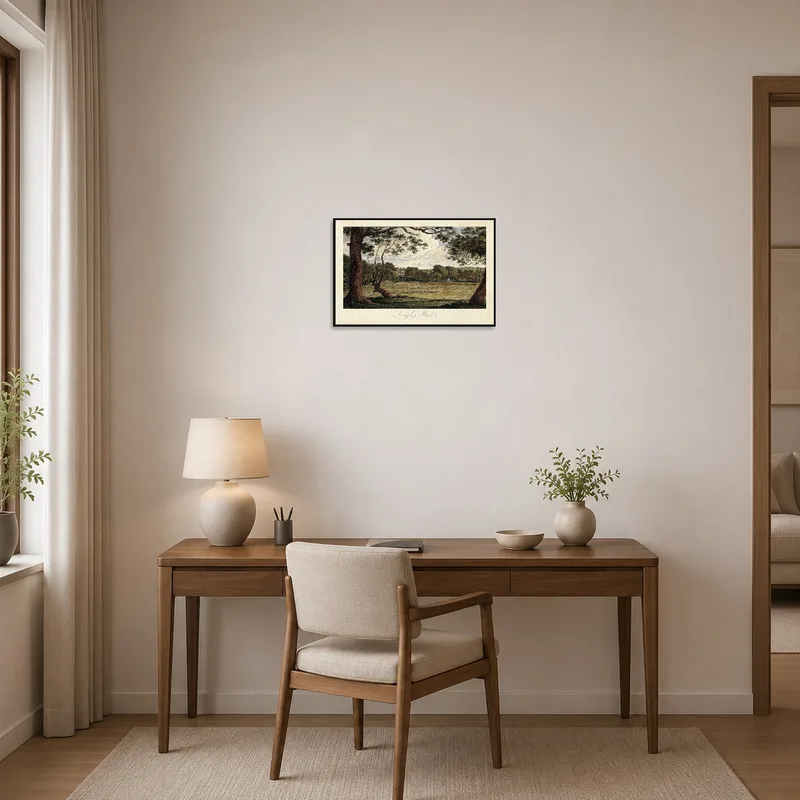 Langley Park artwork enhances a productive vibe, centered over a tidy home office desk.