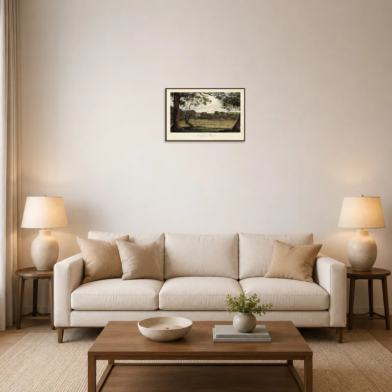 Artwork of Historic Langley Park displayed above a modern sofa in a stylish living room.