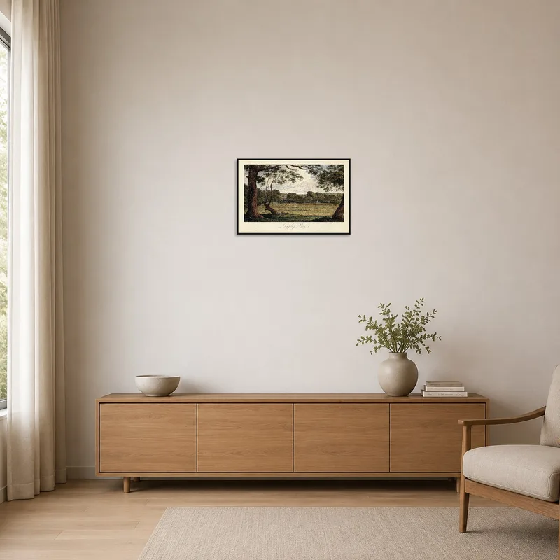 Sleek artwork of Langley Park adds character above a simple, uncluttered side table.
